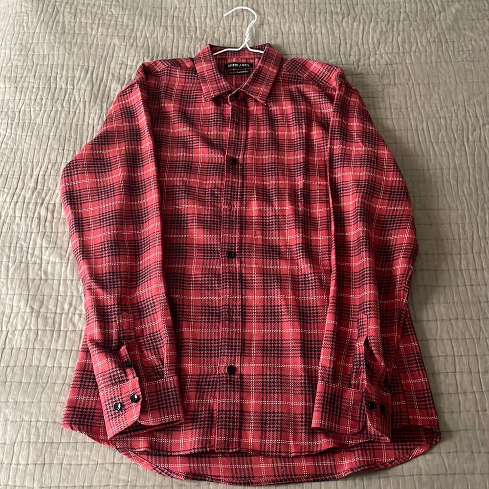 Stitch Note. Long sleeve button up. Colors: red with red and white stitch